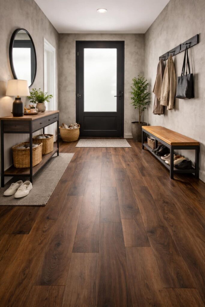 Moderní chodba s odolnou podlahou v dekoru dřeva