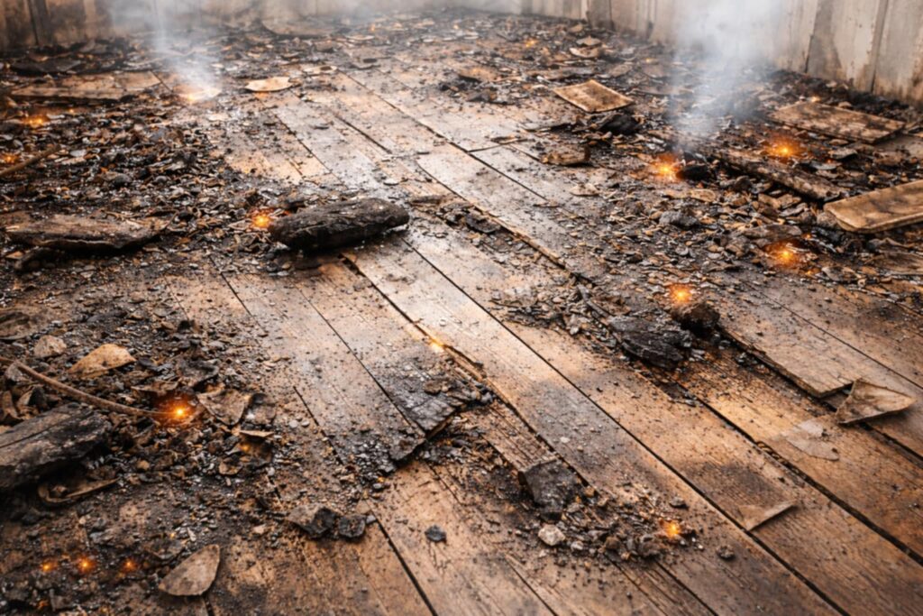 Poškozená podlaha po požáru – viditelné stopy kouře a vysokých teplot