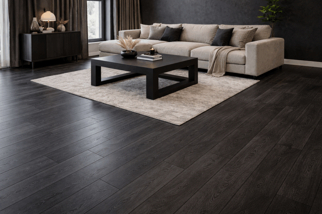 černá podlaha v obývacím pokoji - laminátorvá podlaha